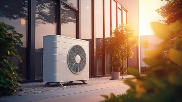 Moderne Luft-Wärmepumpe an Hausfront mit Abendsonne, energieeffiziente Heizungslösung für Eigenheime