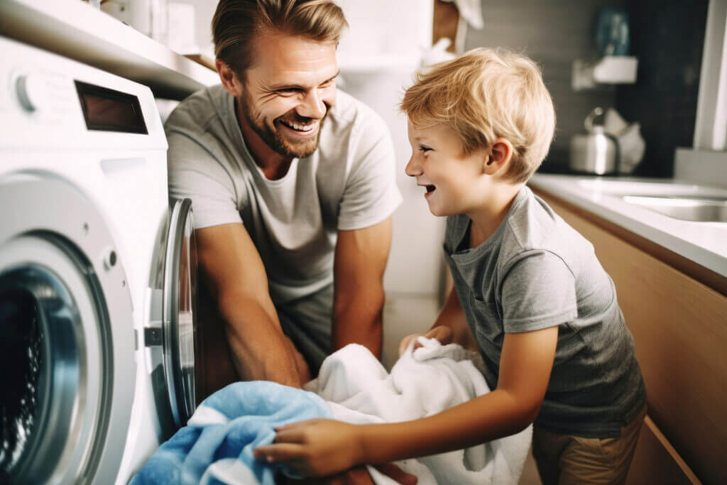 Vater und Sohn freuen sich über weiche, frisch gewaschene Wäsche dank Wasserenthärtungsanlage - saubere Wäsche ohne Kalkflecken für die ganze Familie.